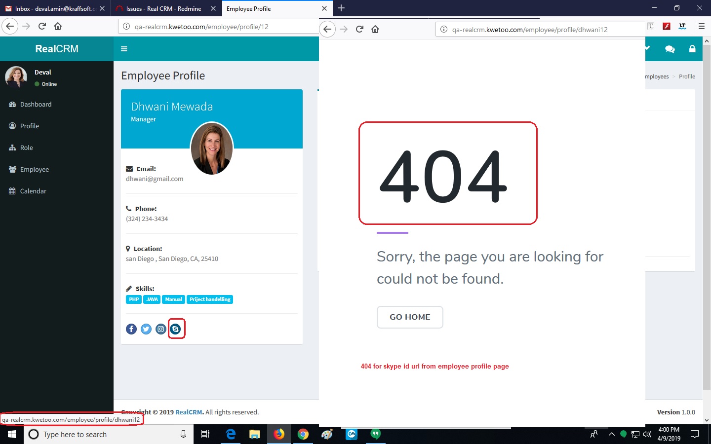 Bug Real Crm 404 For Skype Id Url From Employee Profile Page Real Crm Redmine